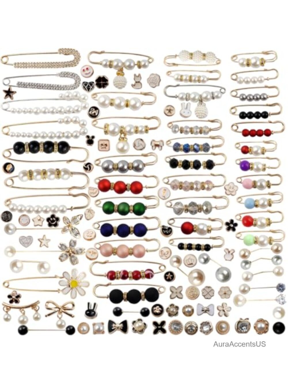 110 PCS Pearl Brooch Pins Safety Pins for Clothing Shawl Clips Cardigan Collar